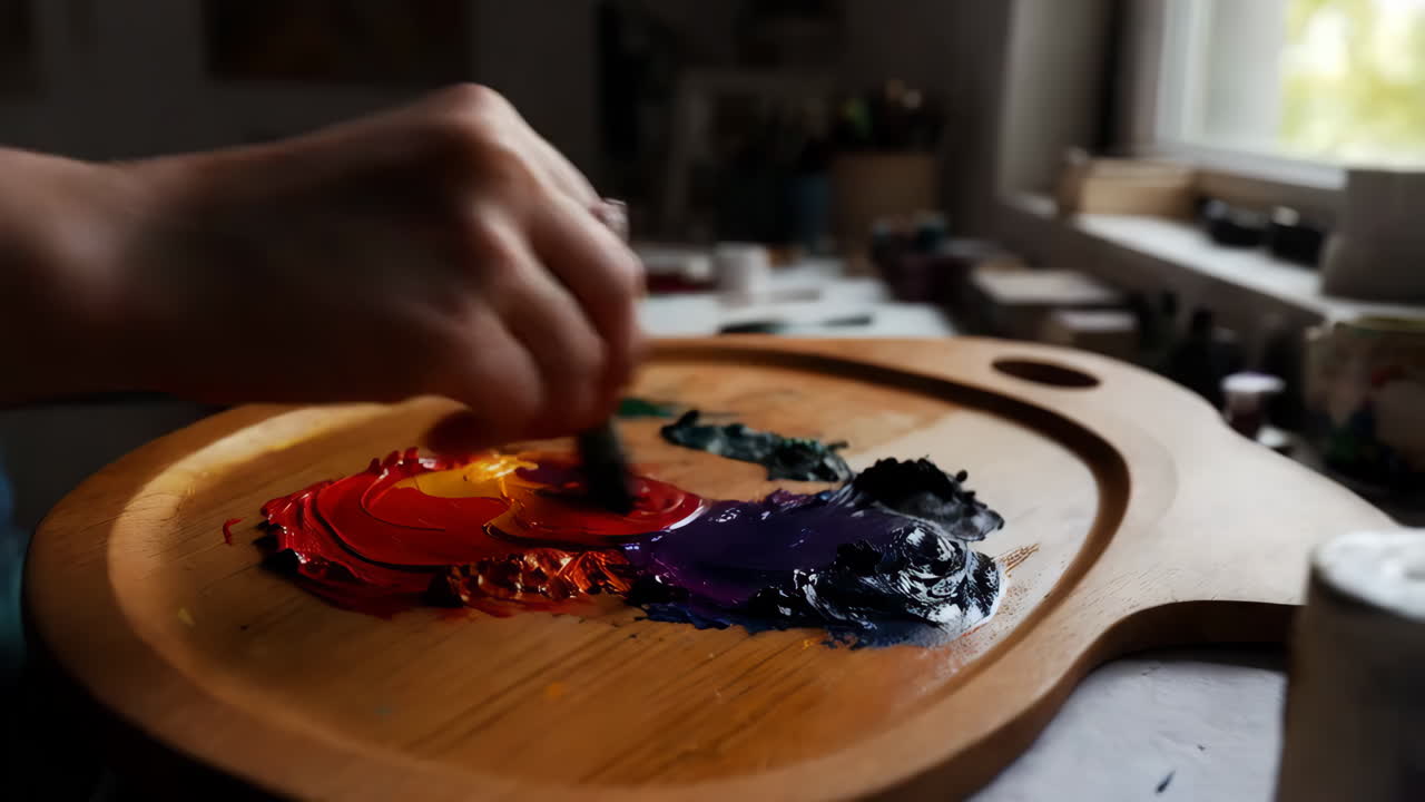 artista mezclando colores en la paleta