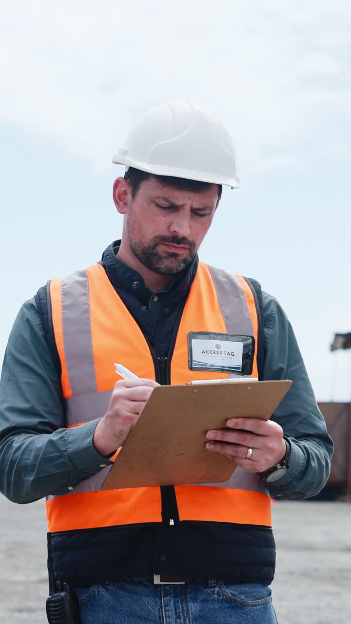 Professional Man in Hard Hat and Safety Vest Writing on Clipboard