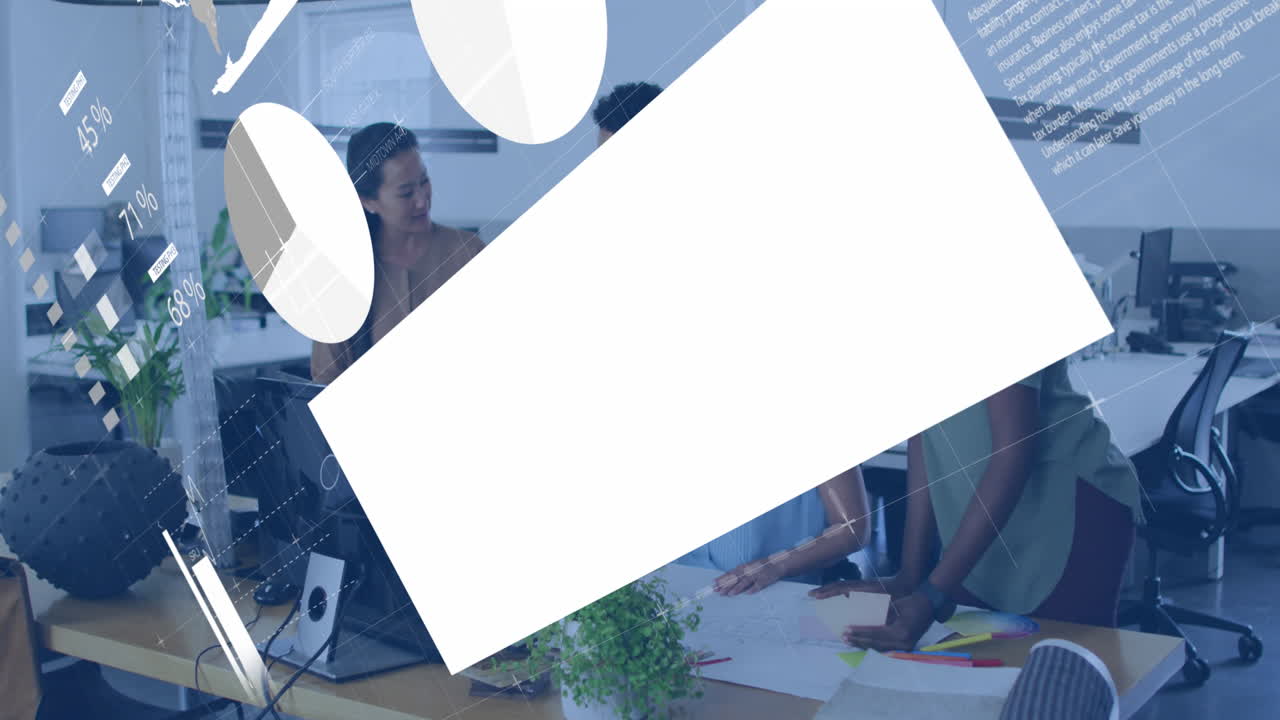 animación del procesamiento de datos estadísticos en un grupo de mujeres diversas que discuten juntas en la oficina