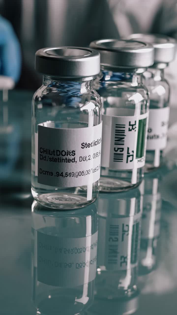 Close-up video of medical vials on a reflective surface, captured at a low angle