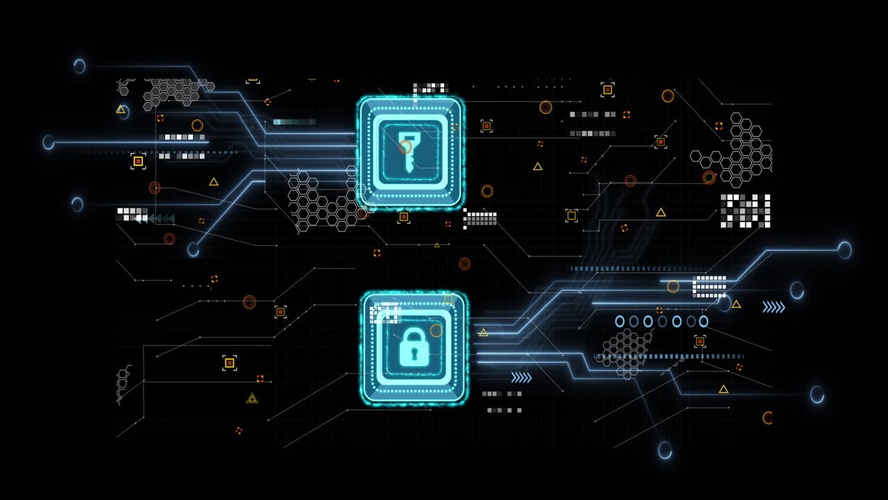 Digital security icons and data processing animation on futuristic network background