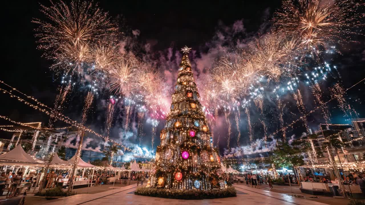 A Stunning Nighttime Celebration Featuring a Festively Adorned Christmas Tree Surrounded by Colorful Fireworks Lighting Up the Sky in a Vibrant Display
