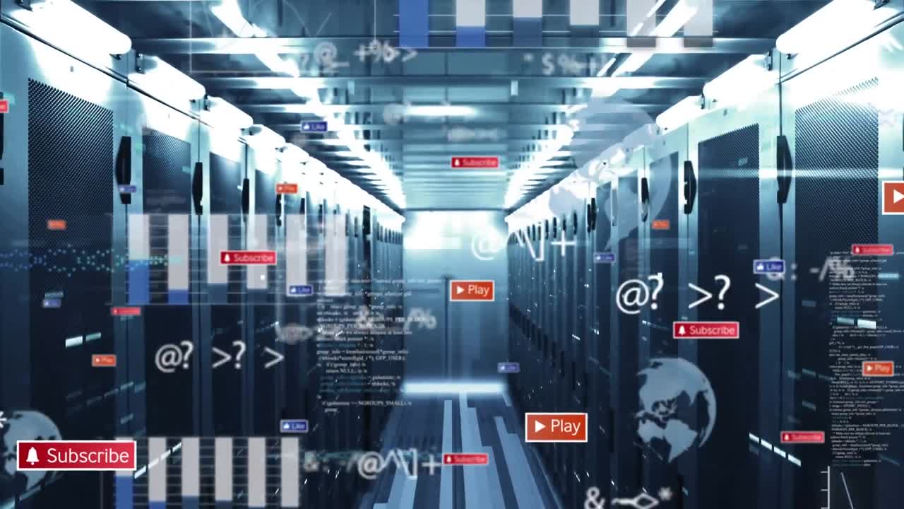 animación de iconos de medios y procesamiento de datos en la sala del servidor