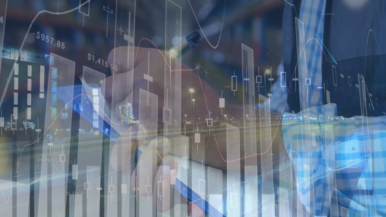 데이터 처리 및 트래픽의 애니메이션 인간 위에 글쓰기, 창고 배송 센터에서 일