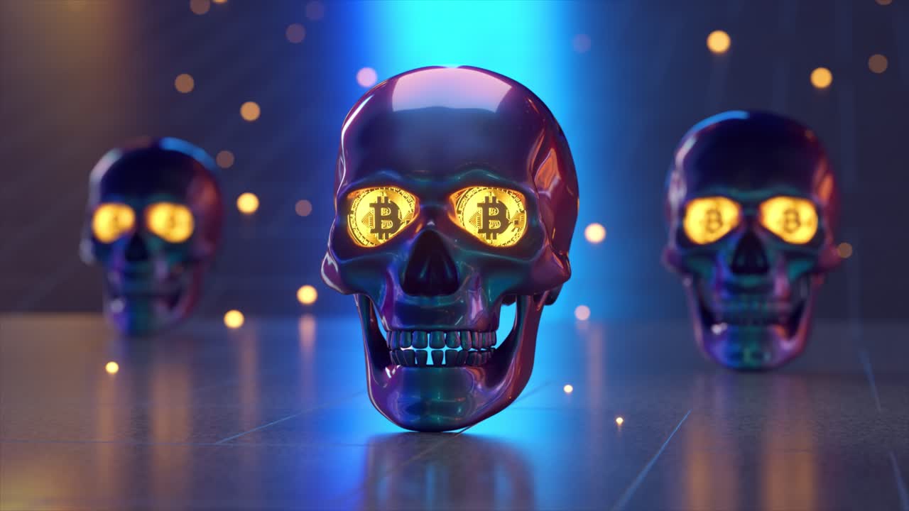 cráneos de bitcoin en la luz de neón