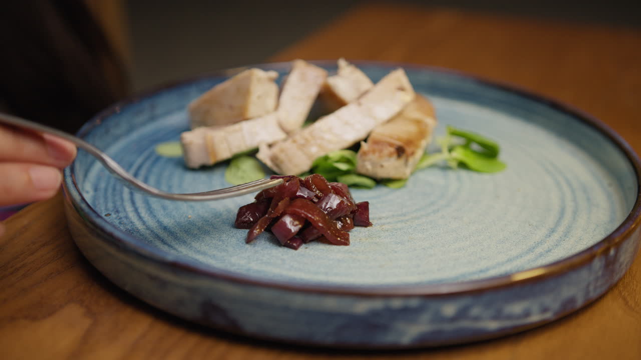 Fork Inside The Gourmet Tuna Dish With Onions Flavour For Dinner