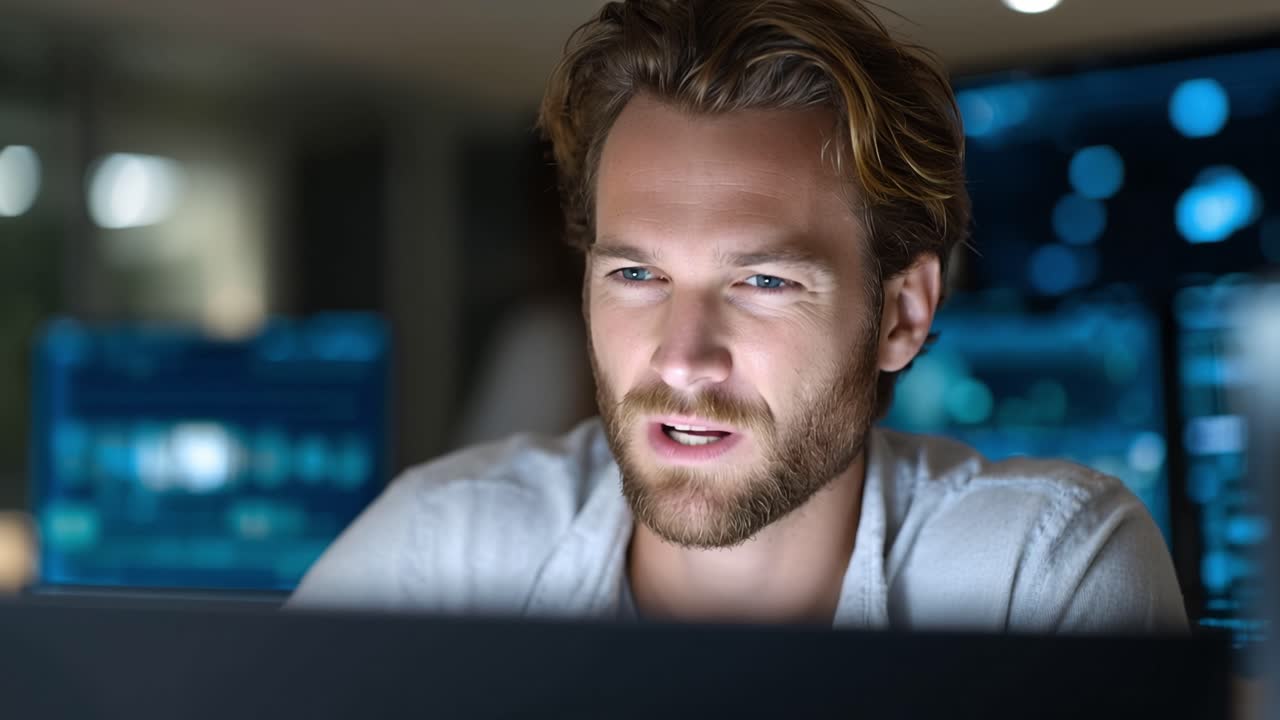 Un uomo concentrato interagisce con la tecnologia, passando da una profonda concentrazione a un sorriso soddisfatto mentre lavora a una scrivania con più schermi che riflettono dati.