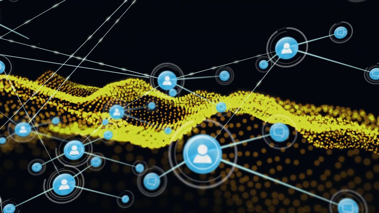 Digital Network Connection with Social Media Icons and Golden Particle Wave