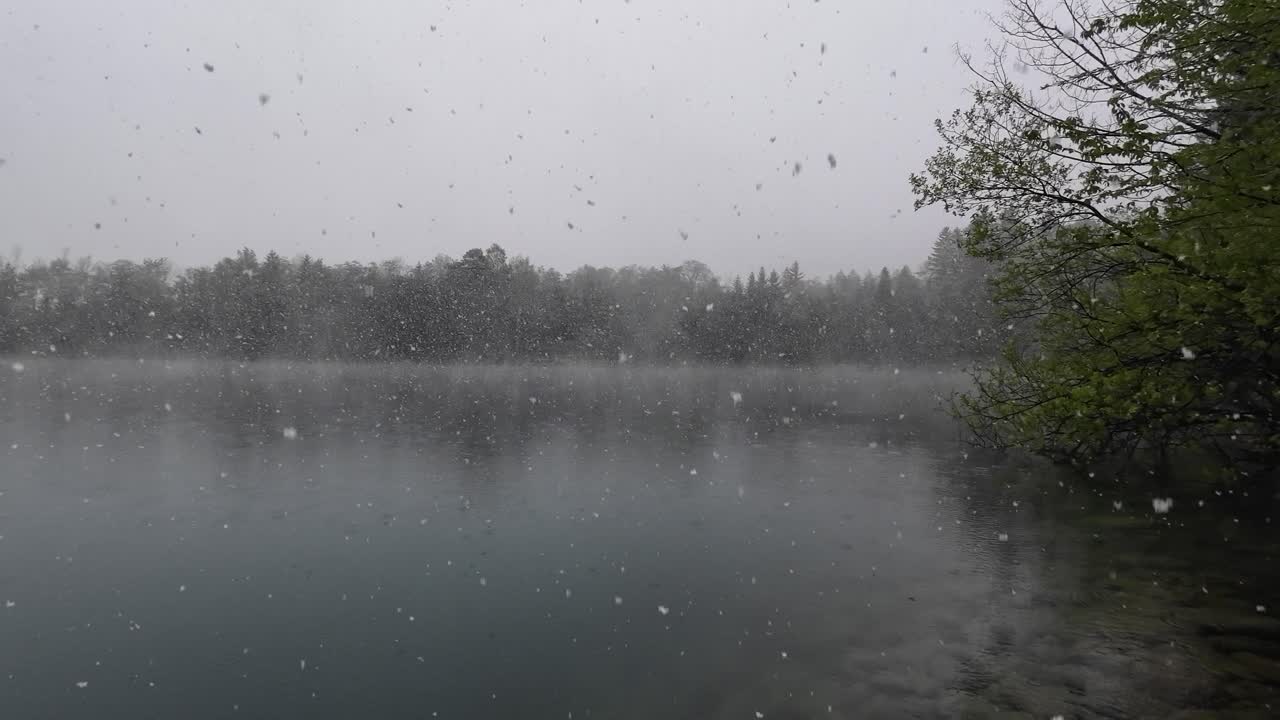 Snow is Falling on Lake with Fog and Mist in Austria, Europe