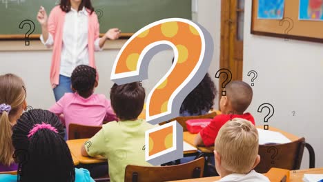 Animation-of-question-marks-with-diverse-schoolchildren-and-teacher-in-classroom