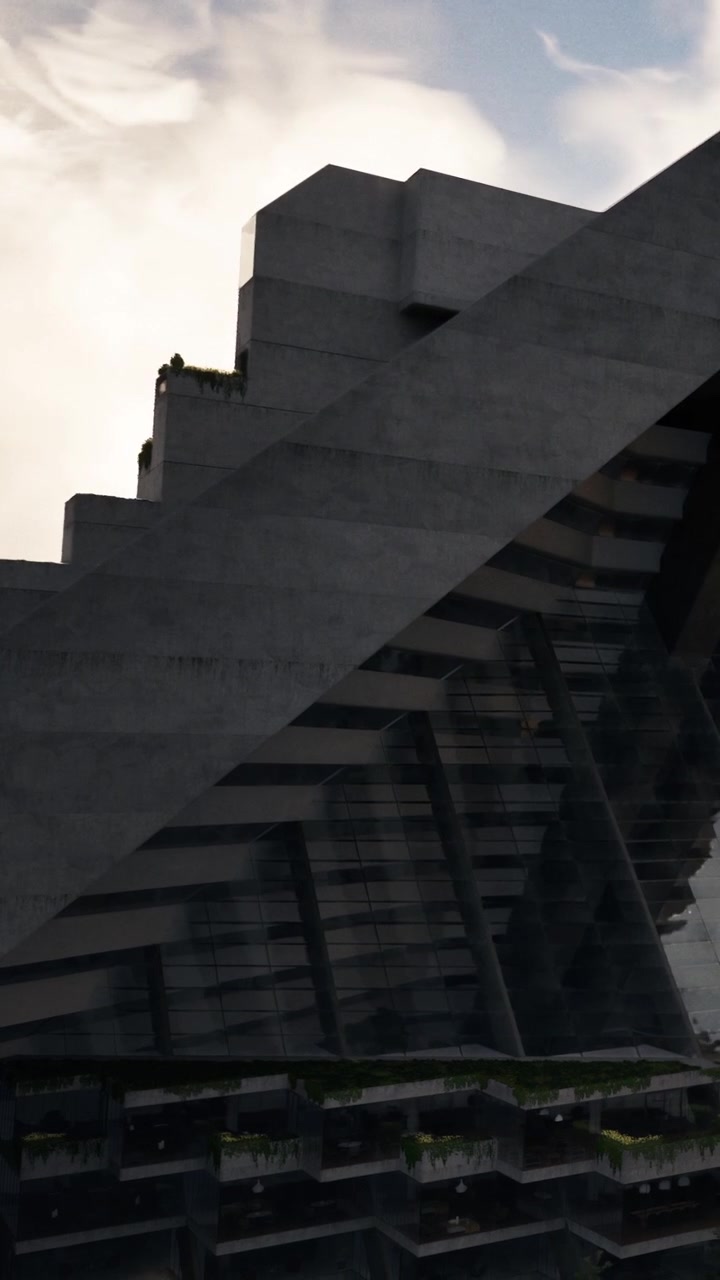 Edificio moderno con arquitectura única y cielo despejado en una zona urbana