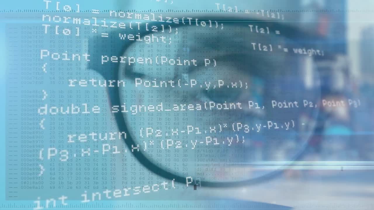 Animation of data processing over eye of caucasian man