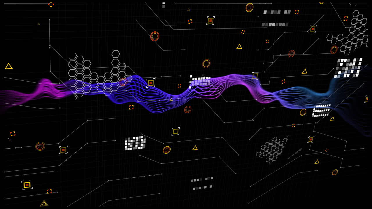Flowing wave animation over digital data and geometric shapes on black background