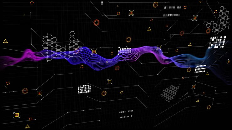 Flowing wave animation over digital data and geometric shapes on black background