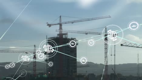 animation of network of connections with icons over building site