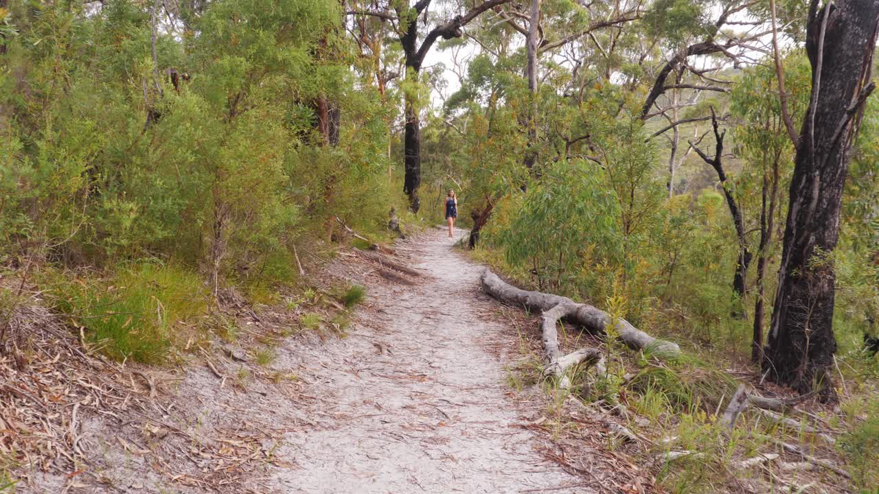 australia, 북쪽 stradbroke 섬, naree budjong djara 국립 공원의 푸른 호수 트랙에서 파란 드레스를 입은 소녀의 거리 이미지