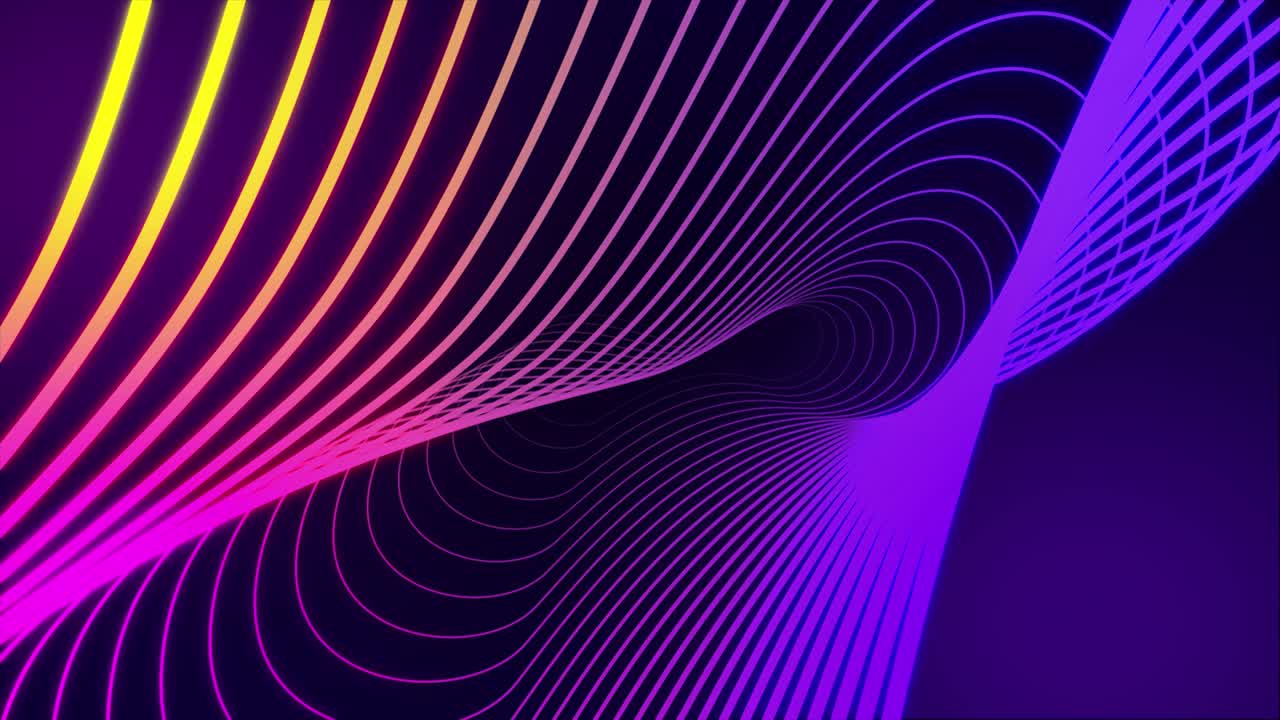 Animace abstraktního zářícího pozadí s futuristickou technologií. Koncept velkých dat s vlnitými čarami. Bezešvá smyčka stock záběrů. Kybernetický povrch ve fialové, růžové a modré barvě. Vizualizace zvuku, neonová vlna.