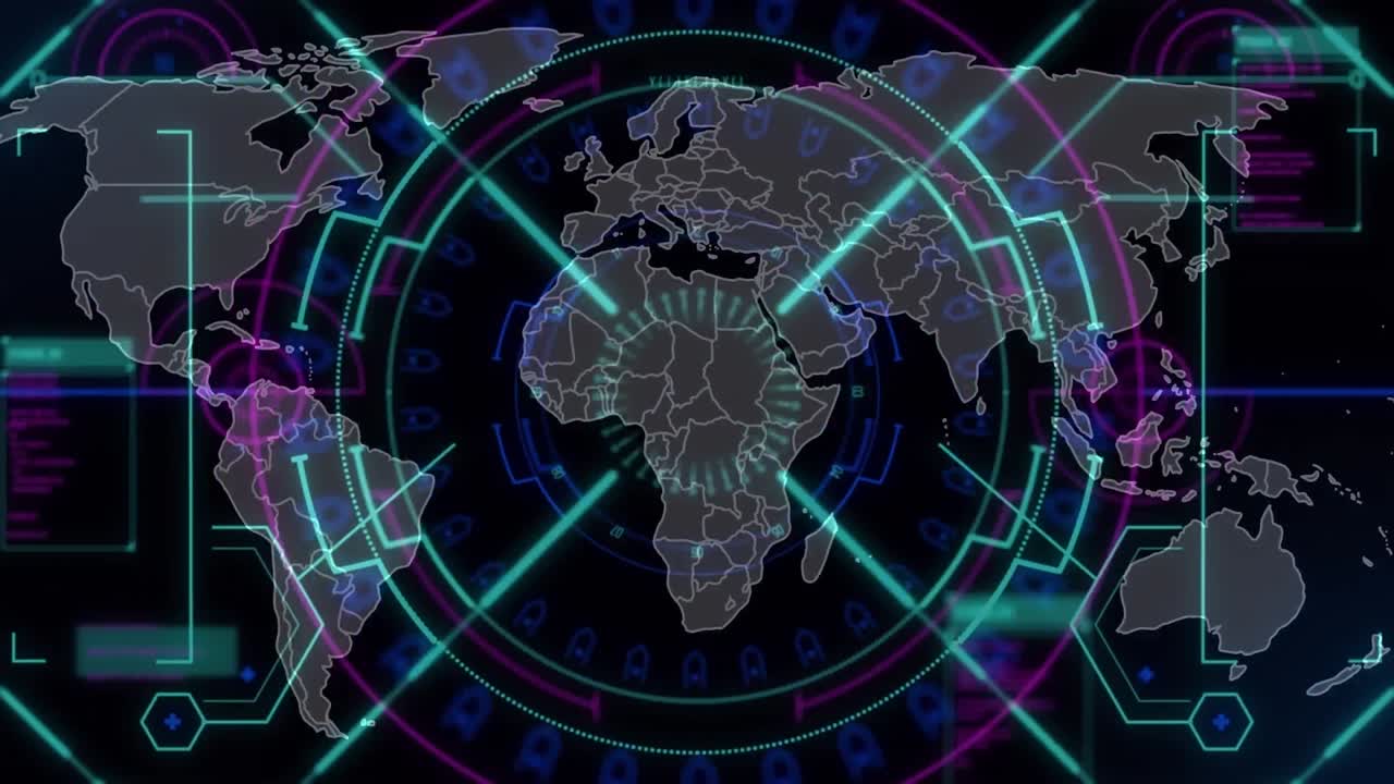 анимация сканирования и карты мира на черном фоне