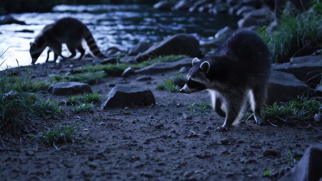 Raccoons by the River at Night