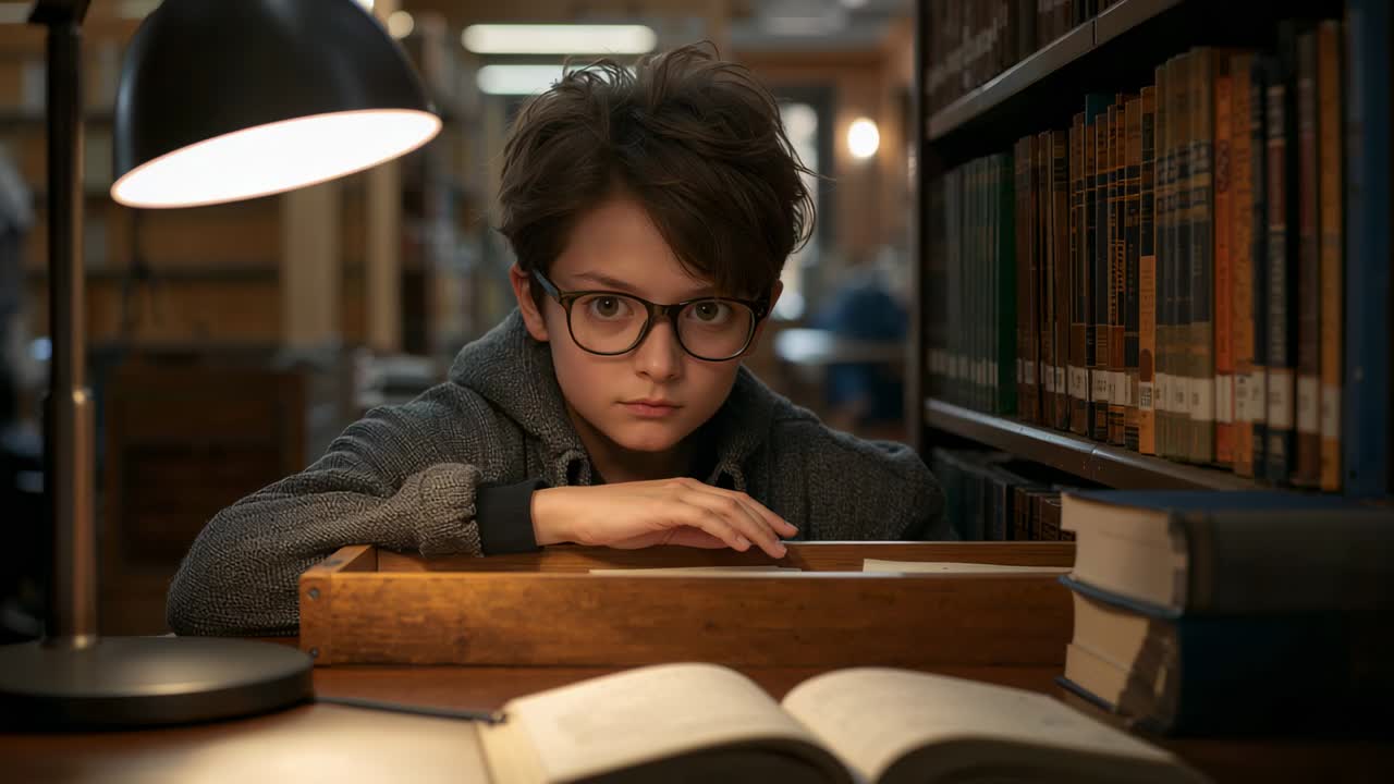 Niño inclinado con sudadera y gafas examinando una bandeja en una mesa de biblioteca, la lámpara atrae la mirada hacia un libro abierto