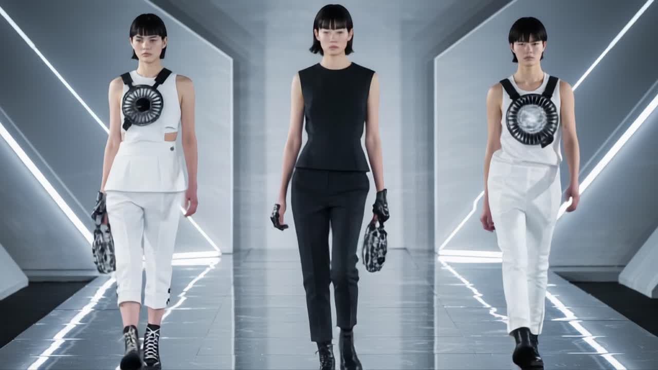 Striking Modern Fashion Showcase with Three Models Walking Elegantly in a Futuristic Setting, Highlighting Bold Designs and Unique Accessories