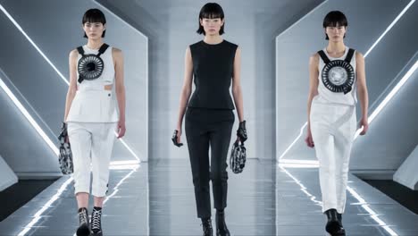 striking modern fashion showcase with three models walking elegantly in a futuristic setting, highlighting bold designs and unique accessories