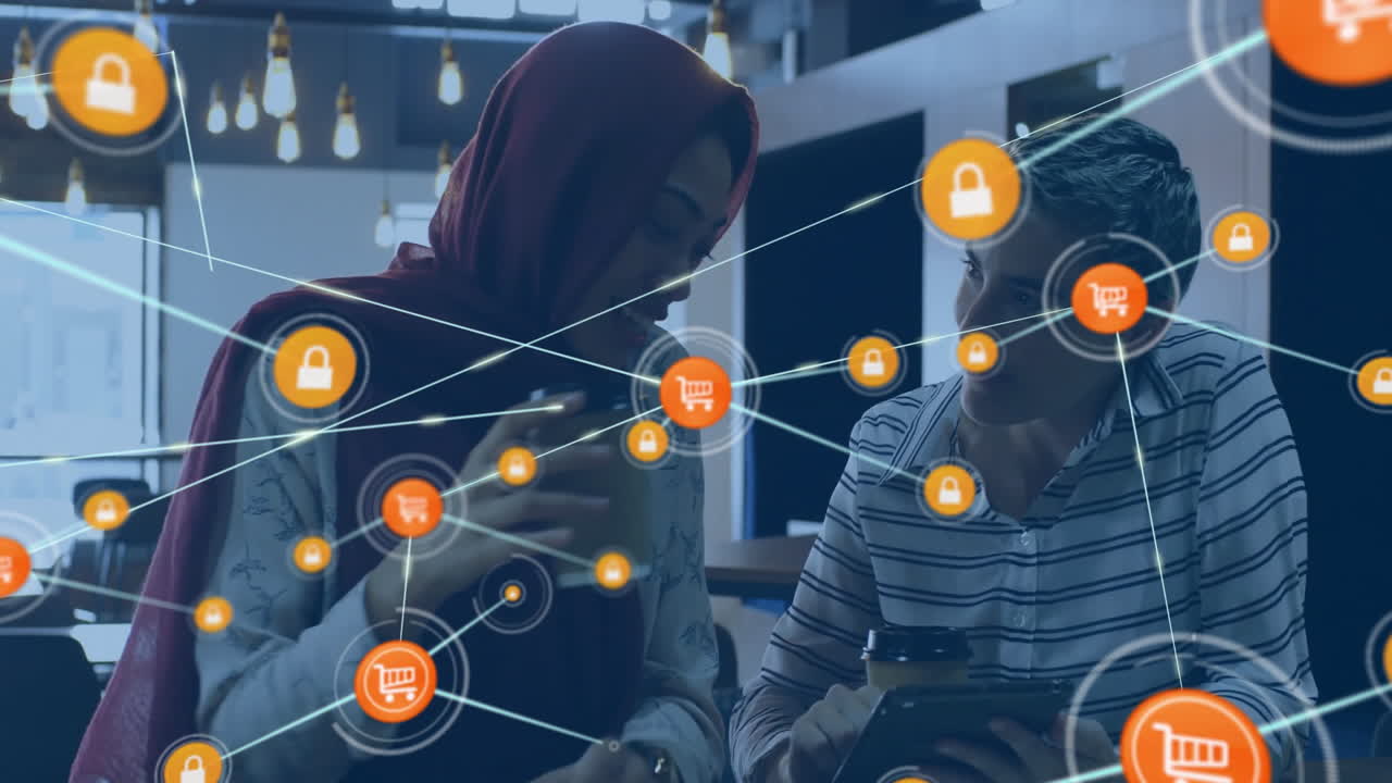 카페의 다양한 사람들 위에 쇼핑 트롤리 아이콘과 연결 네트워크의 애니메이션