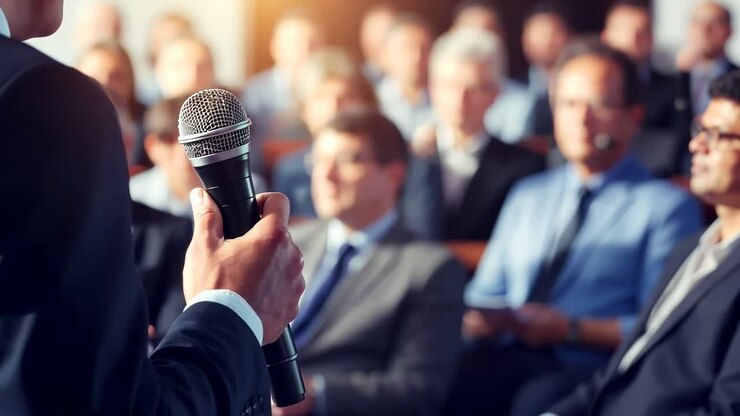 Close-up of a speaker holding a microphone, facing a blurred audience, captured from a side angle