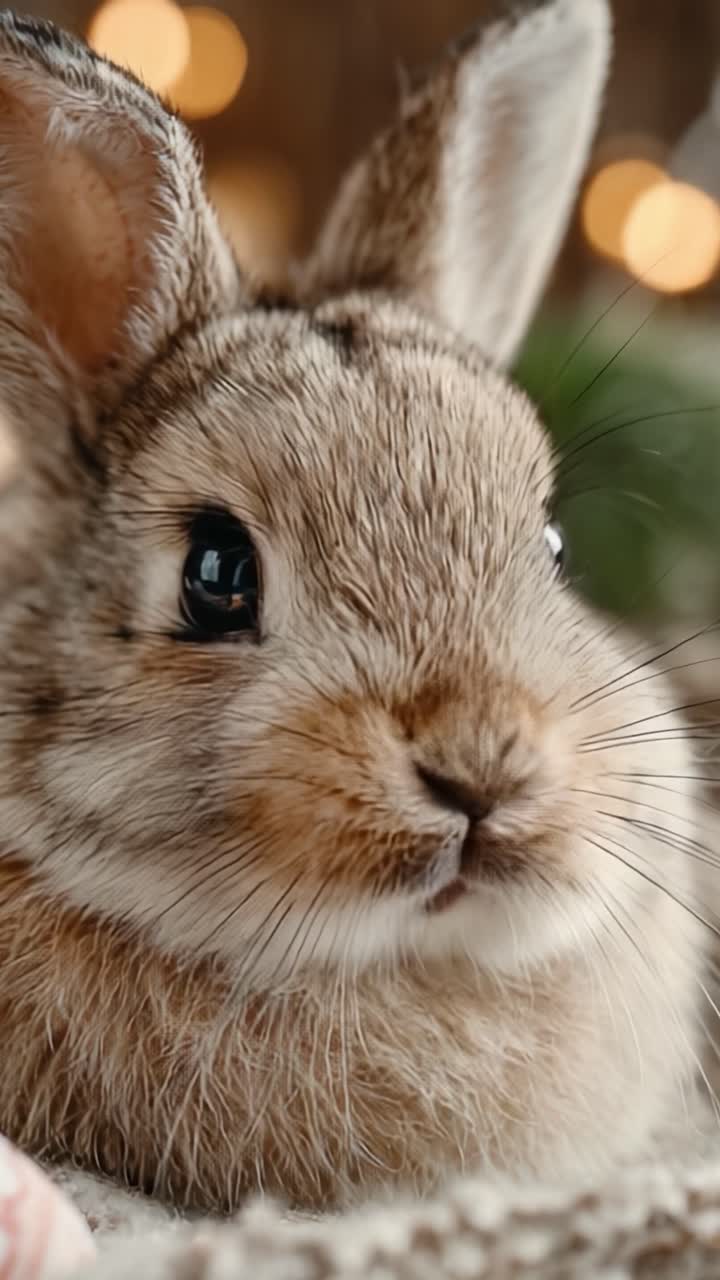 Adorabile primo piano di un coniglio soffice che mostra la sua morbida pelliccia e i suoi occhi curiosi, perfettamente immortalato in un ambiente caldo e accogliente con uno sfondo sfocato.