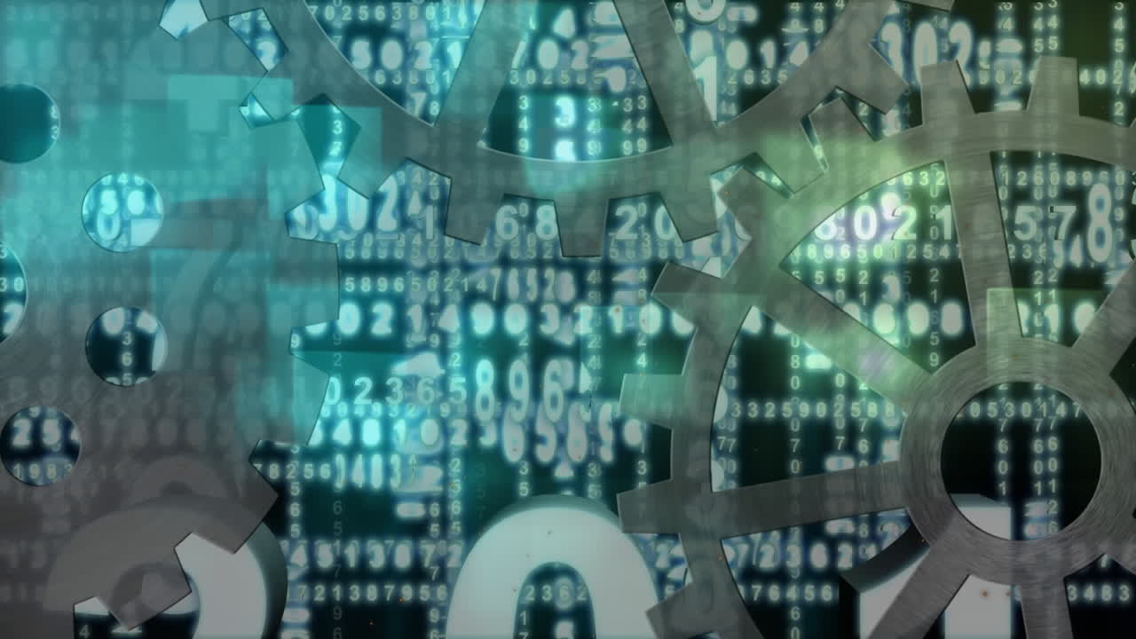 animación de los engranajes en funcionamiento y registro de números y procesamiento de datos en el fondo