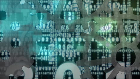 Animation of cogs working and numbers recording and data processing on background