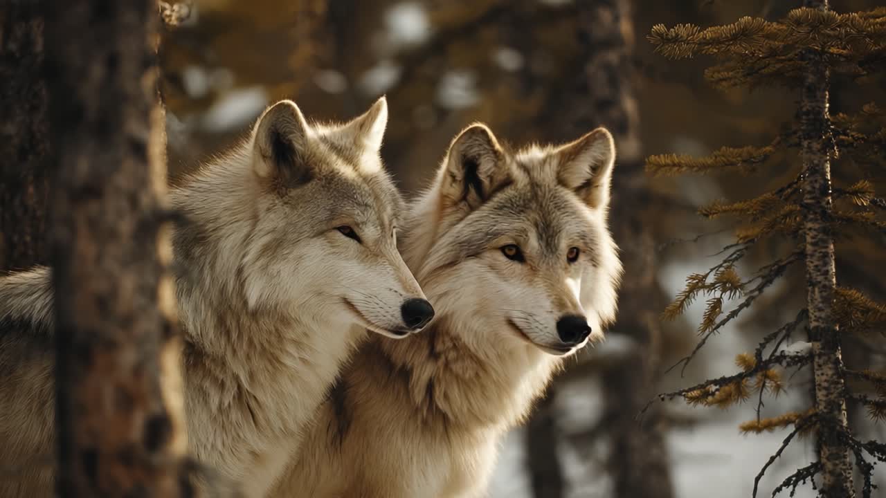 Captivating Portrait of Two Wolves Amidst a Serene Forest Setting Highlighting Their Bond and Natural Behavior in the Wild
