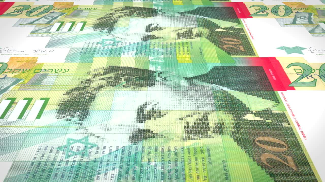 스크린에 굴러가는 20 이스라엘 셰의 지폐, 현금, 루프