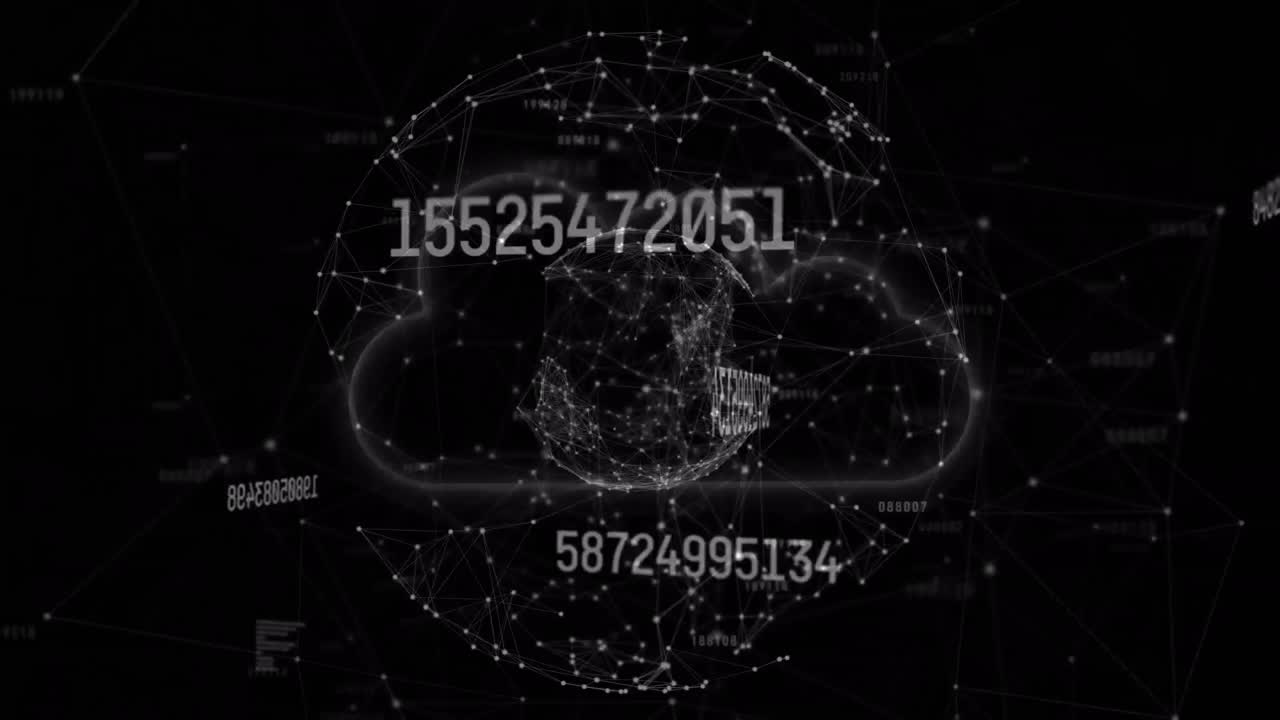 animación del icono de la nube sobre el globo giratorio con red de conexiones y procesamiento de datos en negro