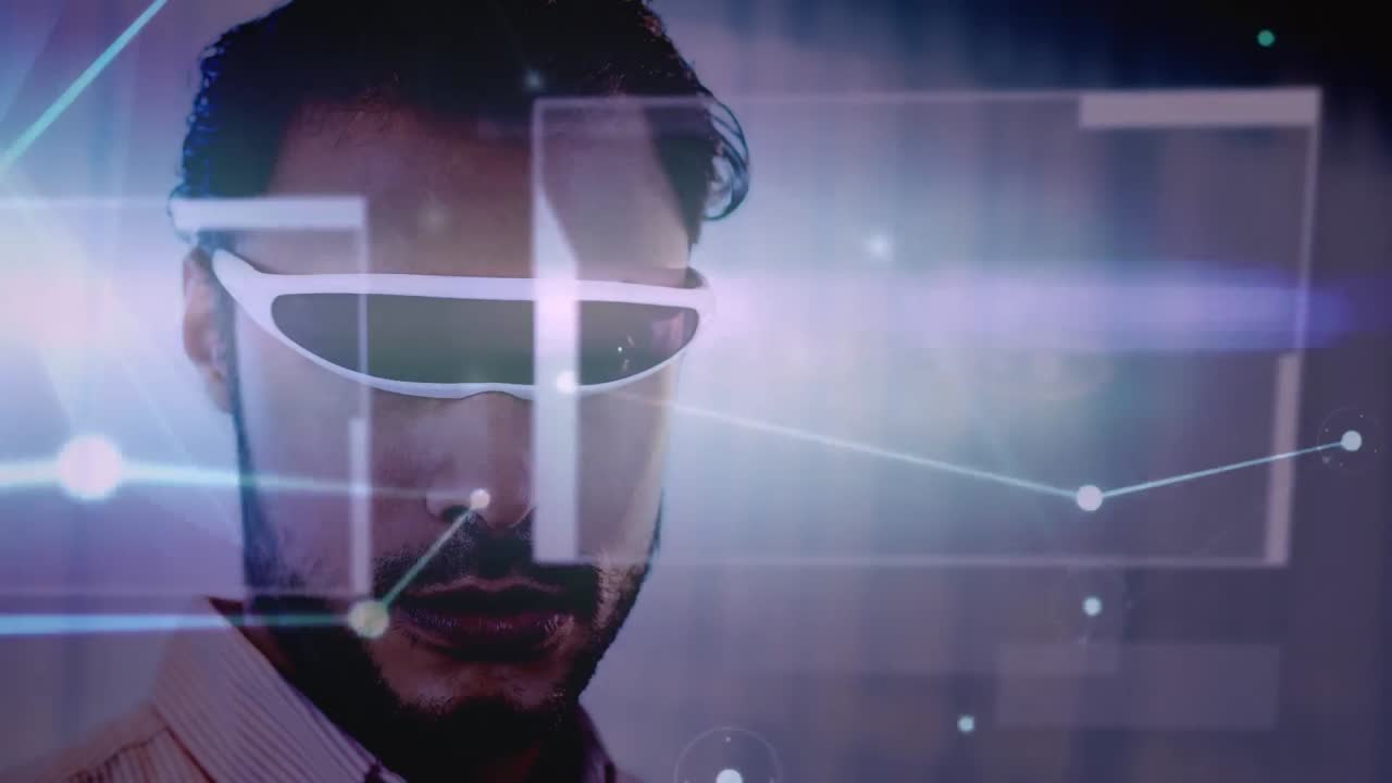animación de la red de conexiones y pantallas sobre el hombre de negocios que usa auriculares vr