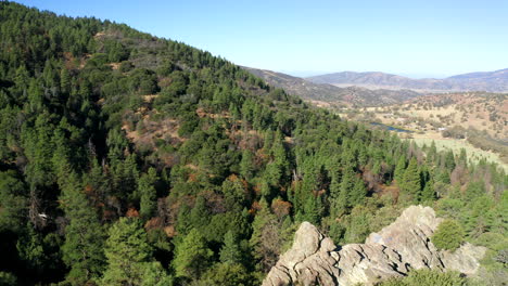 rocky cliff high in forested mountains with valley below, aerial orbit