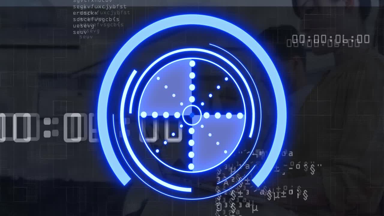 범위 스캔 및 데이터의 애니메이션 다양한 비즈니스 사람들 사무실에서