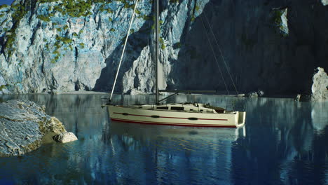 White-yacht-anchored-in-a-bay-with-rocky-cliffs