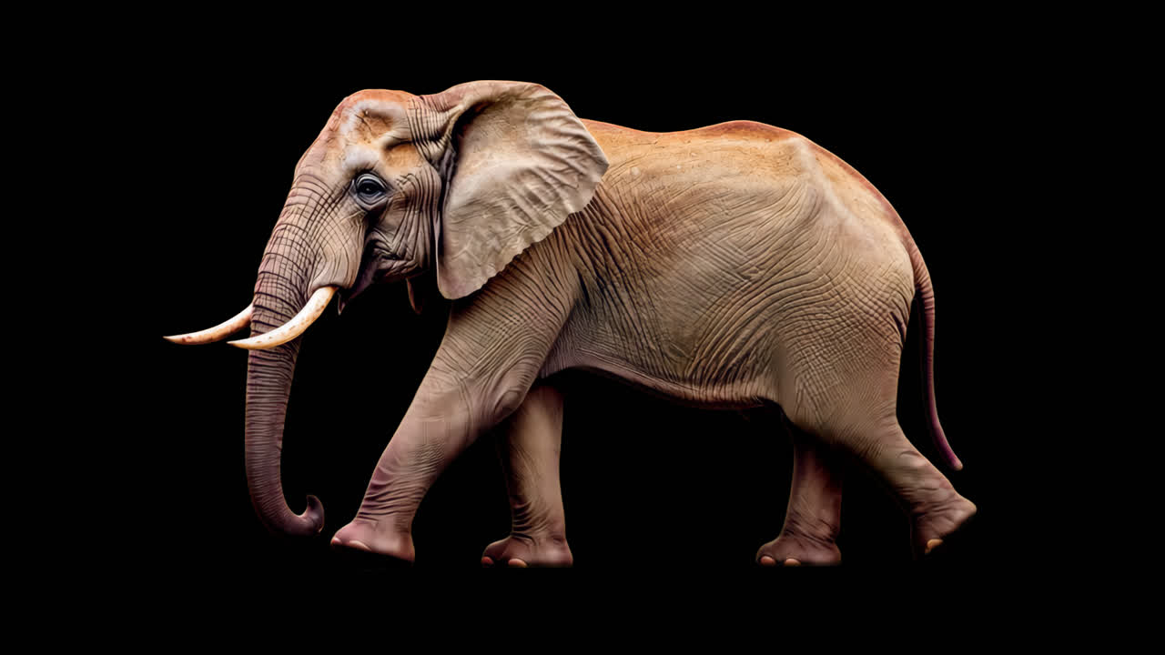 Old elephant walking animation isolated asset, transparent 4K video, alpha channel, ProRes 4444
