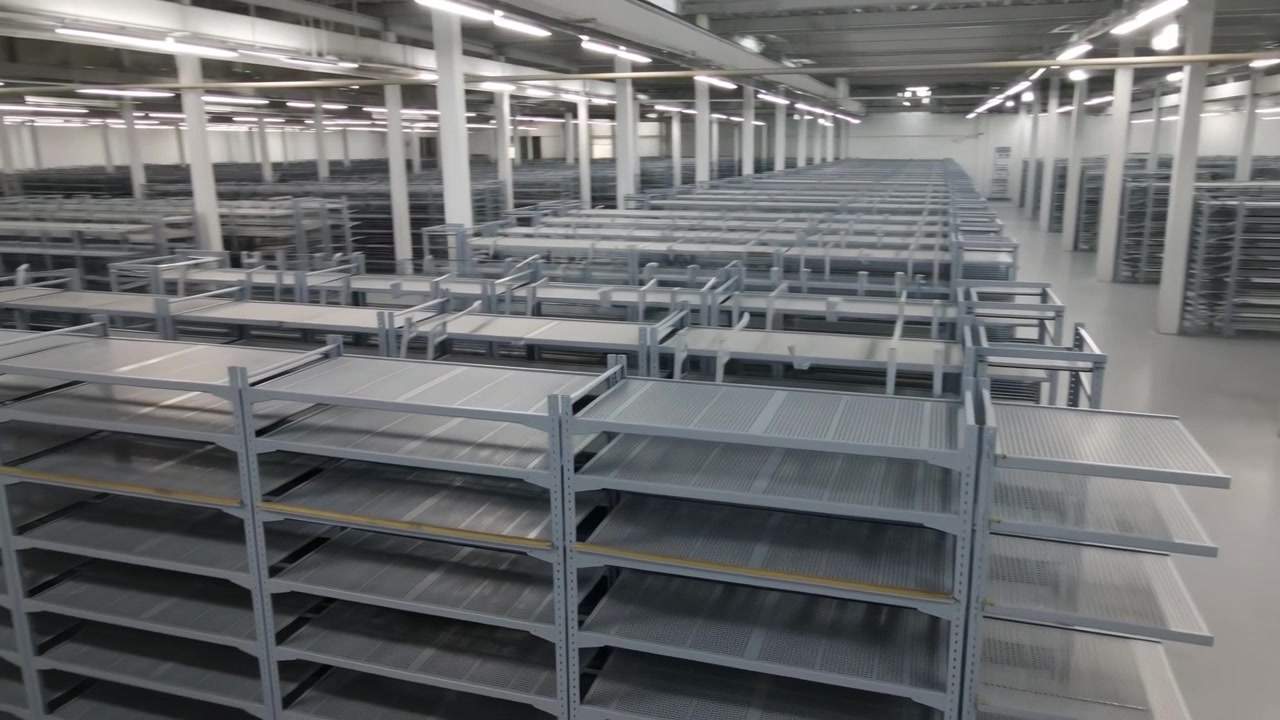 Stort tomt industrielt lagerinteriør med lange parallelle rækker af identiske fleretagers metalreoler, betongulv, ensartet loftsbelysning, rent funktionelt miljø, stærk dybde