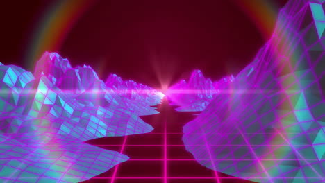 animation of light trails and digital mountains on black background