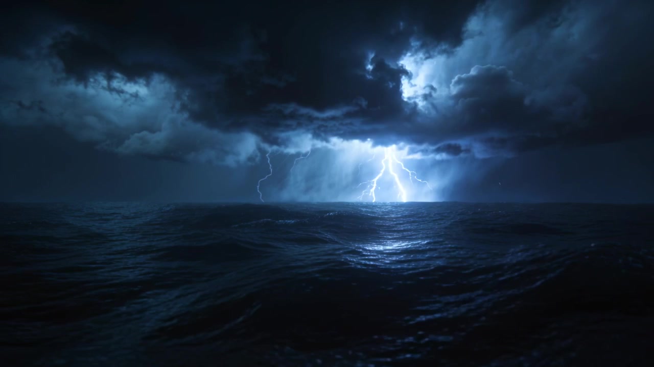 Lighting storm cloud and open ocean at night, distant flash starting storm, with lightning glints