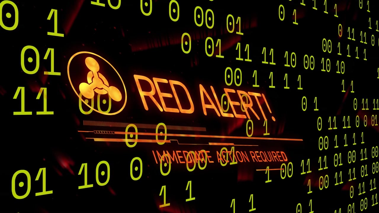 Binary digits scrolling starting amber icon emerging flashing RED ALERT! IMMEDIATE ACTION REQUIRED