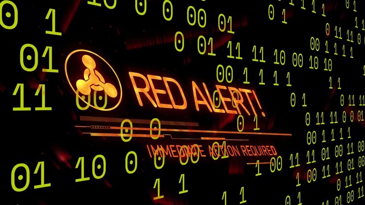 Binary digits scrolling starting amber icon emerging flashing RED ALERT! IMMEDIATE ACTION REQUIRED