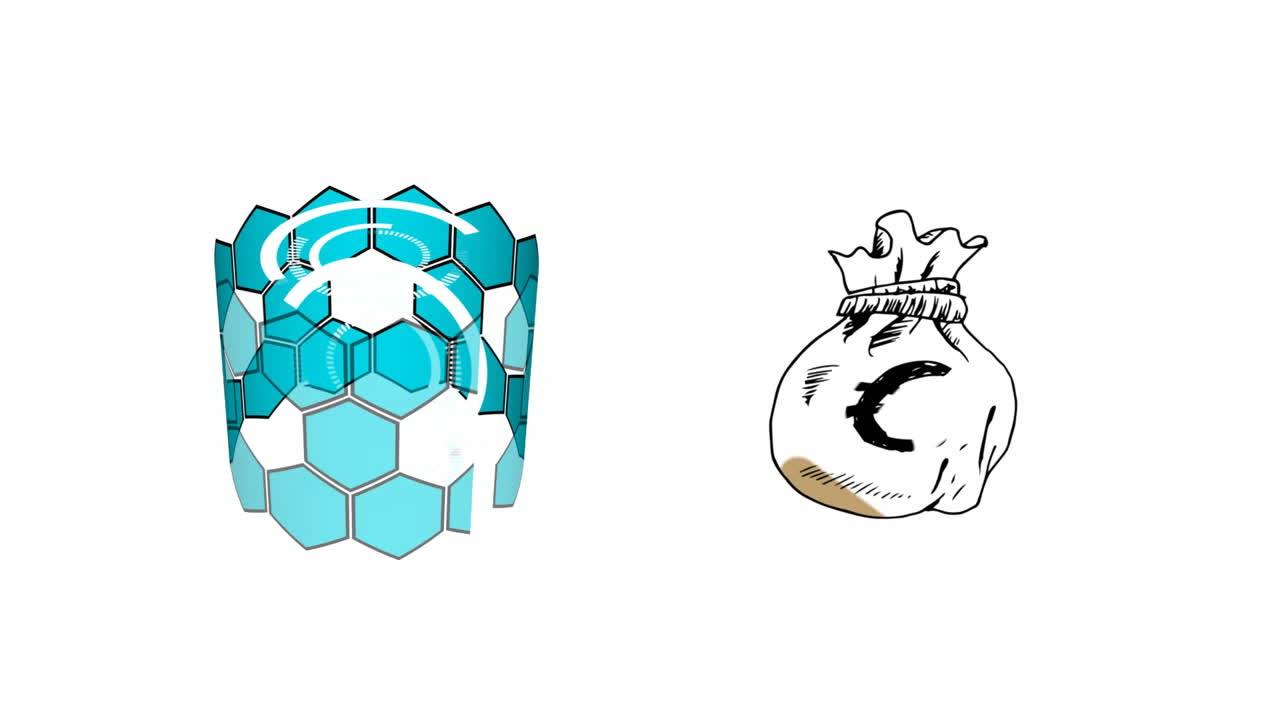 animación digital de la forma hexagonal giratoria y el símbolo del euro en la bolsa de monedas contra un fondo blanco