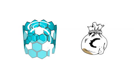 animación digital de la forma hexagonal giratoria y el símbolo del euro en la bolsa de monedas contra un fondo blanco