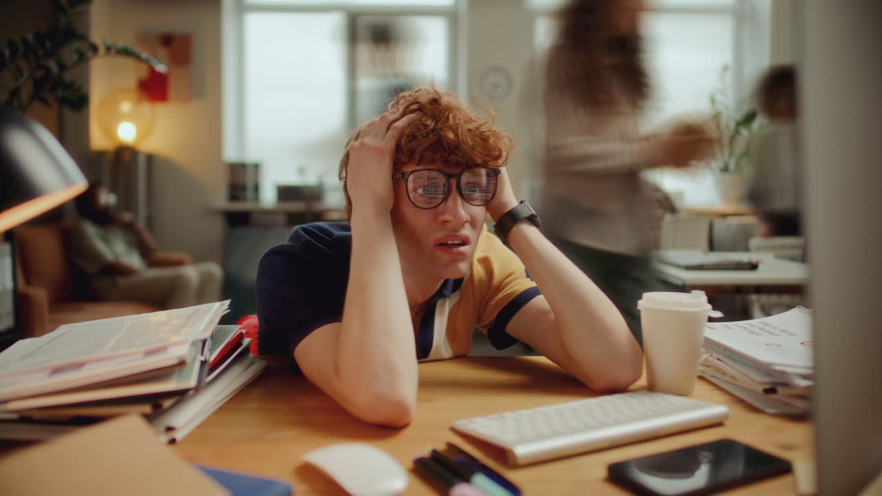 Time Lapse of Stressed Young Man Overwhelmed by Workload in Busy Office