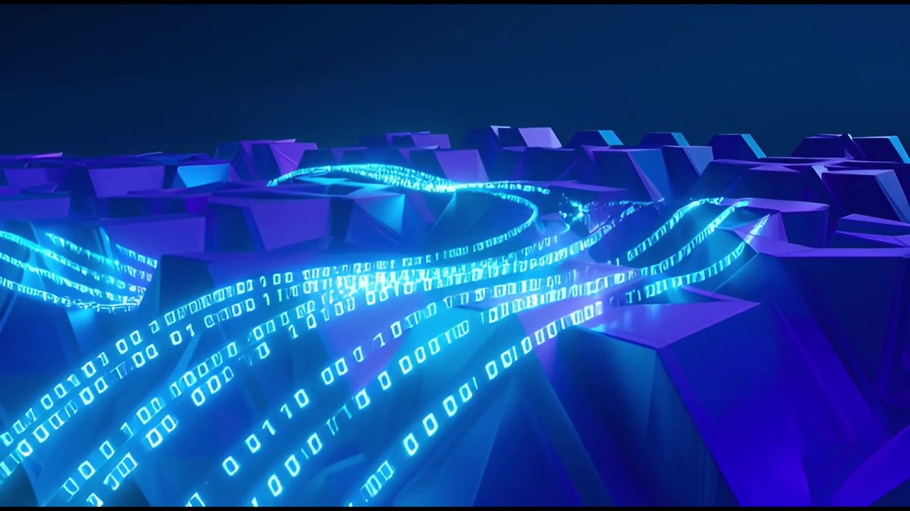 Abstract Digital Data Flowing Over Geometric Purple Landscape