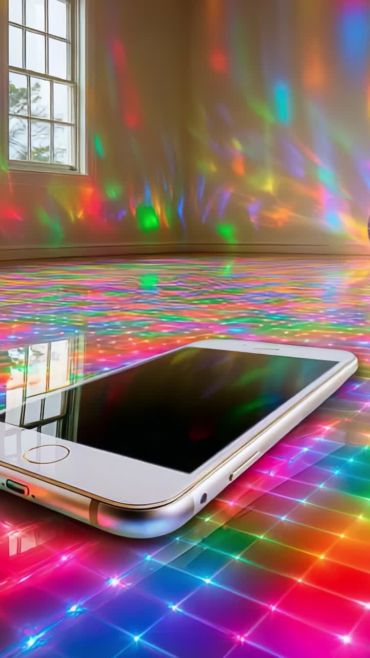 A Captivating Scene Featuring a Smartphone Resting on a Vibrant, Colorful Floor Illuminated with a Cascade of Dancing Light Patterns, Perfectly Showcasing Modern Technology in an Artistic Setting