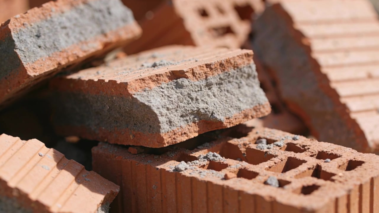 Shifting camera revealing hollow red clay brick stack in yard, showing dusty chips and shadows